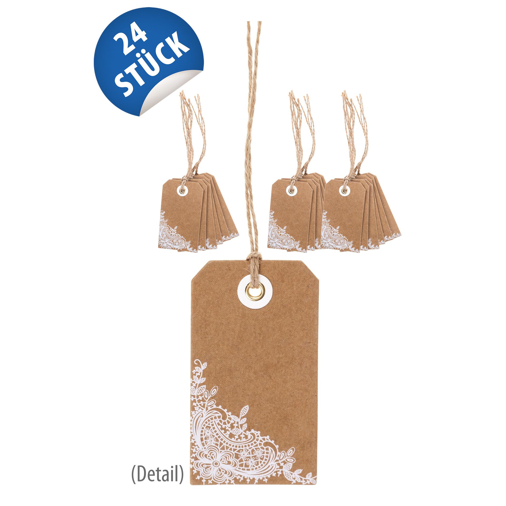 Anhängeetiketten 'Eckbordüre' 4,5 x 8 cm natur, 24 Stück