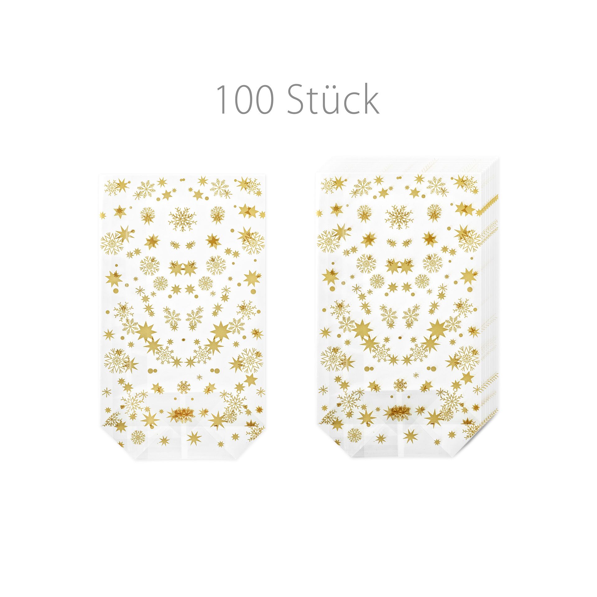 Kreuzbodenbeutel 'Sterne' gold  95 x 160 mm,  100 Stück