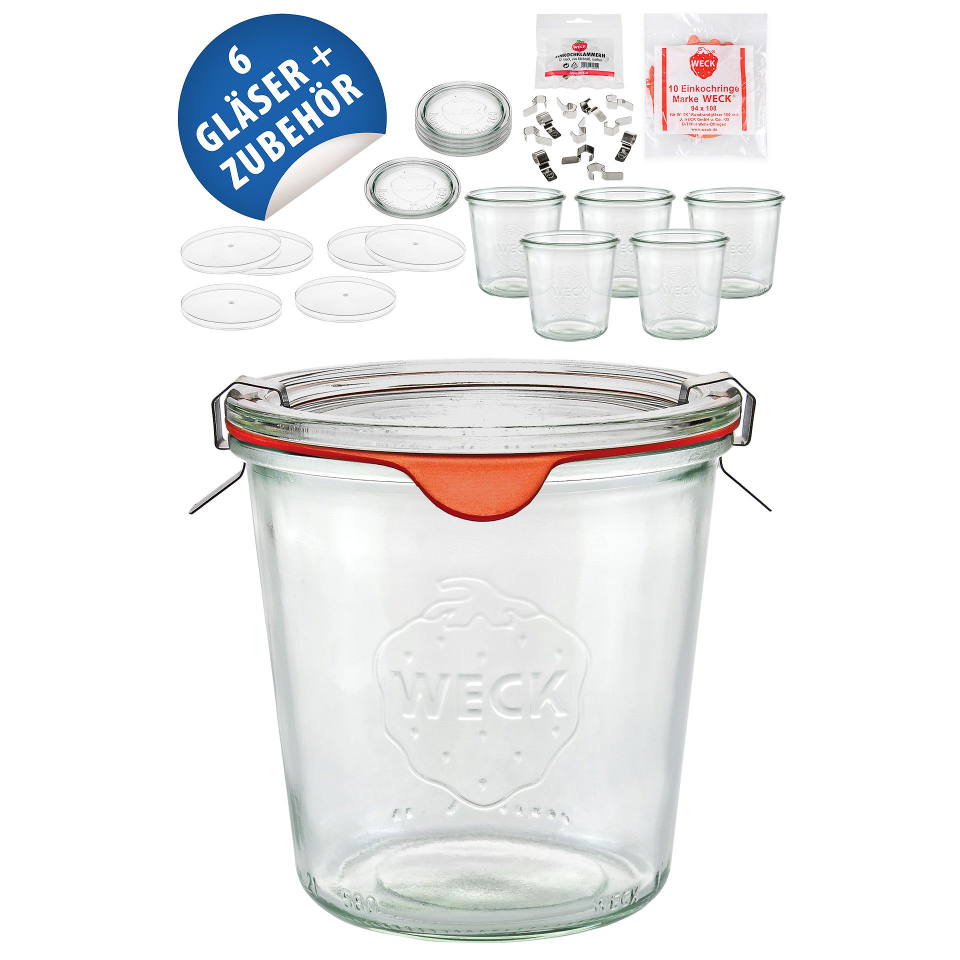 WECK-Sturzglas 580 ml mit Klarsichtdeckel, 6er Set