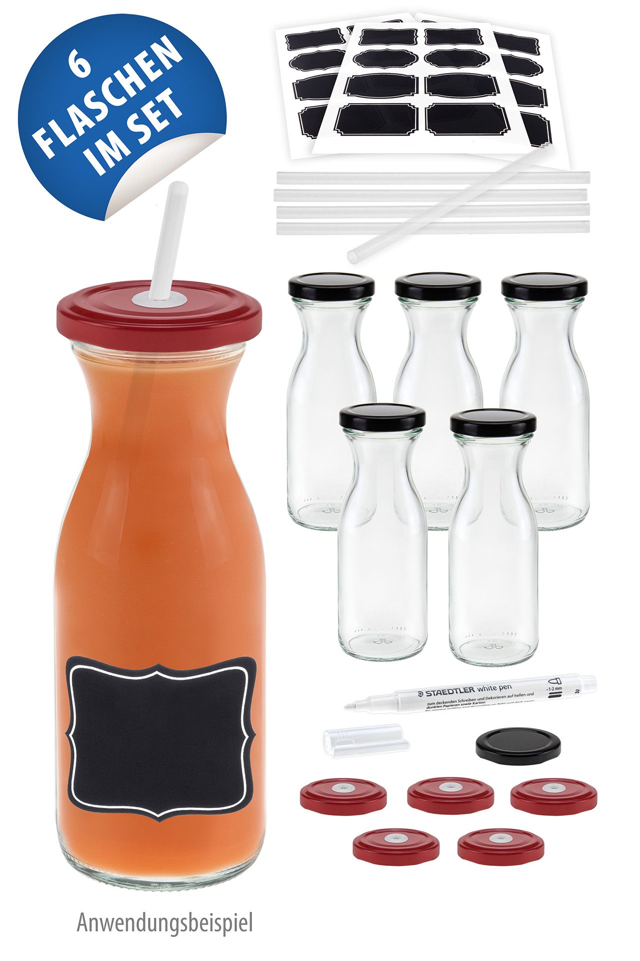Karaffenflasche 250 ml mit Trinkhalmdeckel, 6er Set
