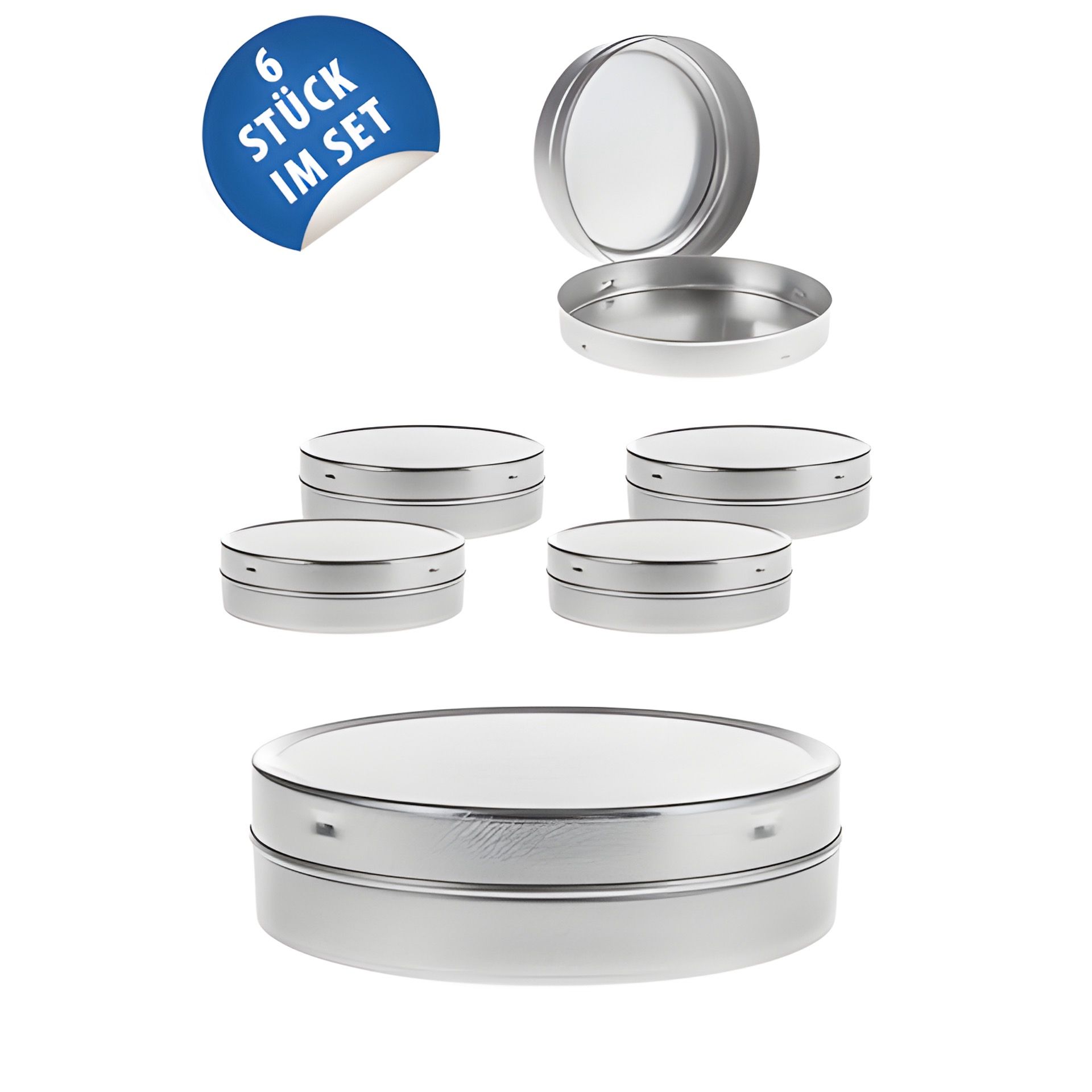 Metalldose silber 7,6 x 2 cm, 6 Stück