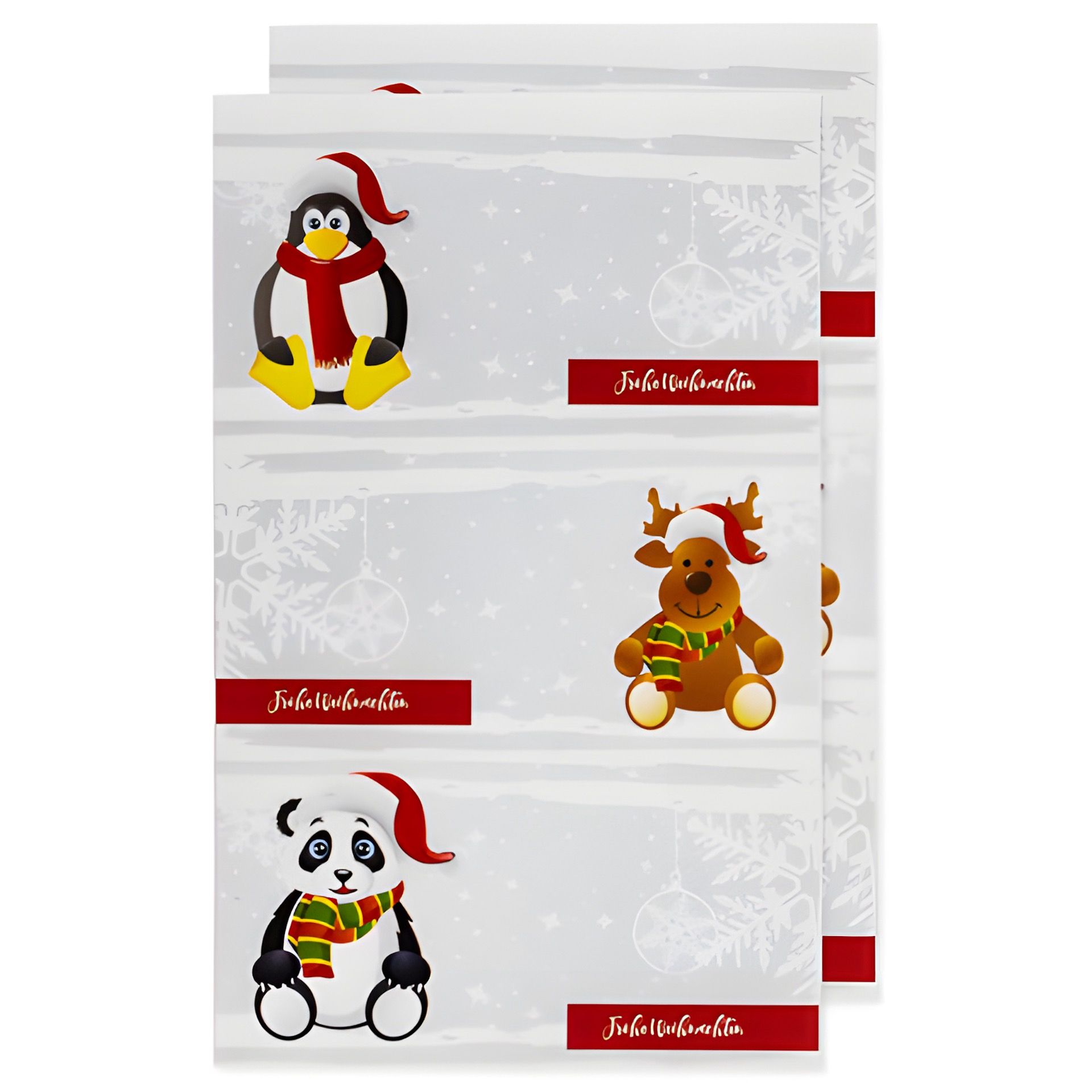 Weihnachtsetiketten 'Pinguin, Elch, Panda' 78 x 41 mm, 6 Stück