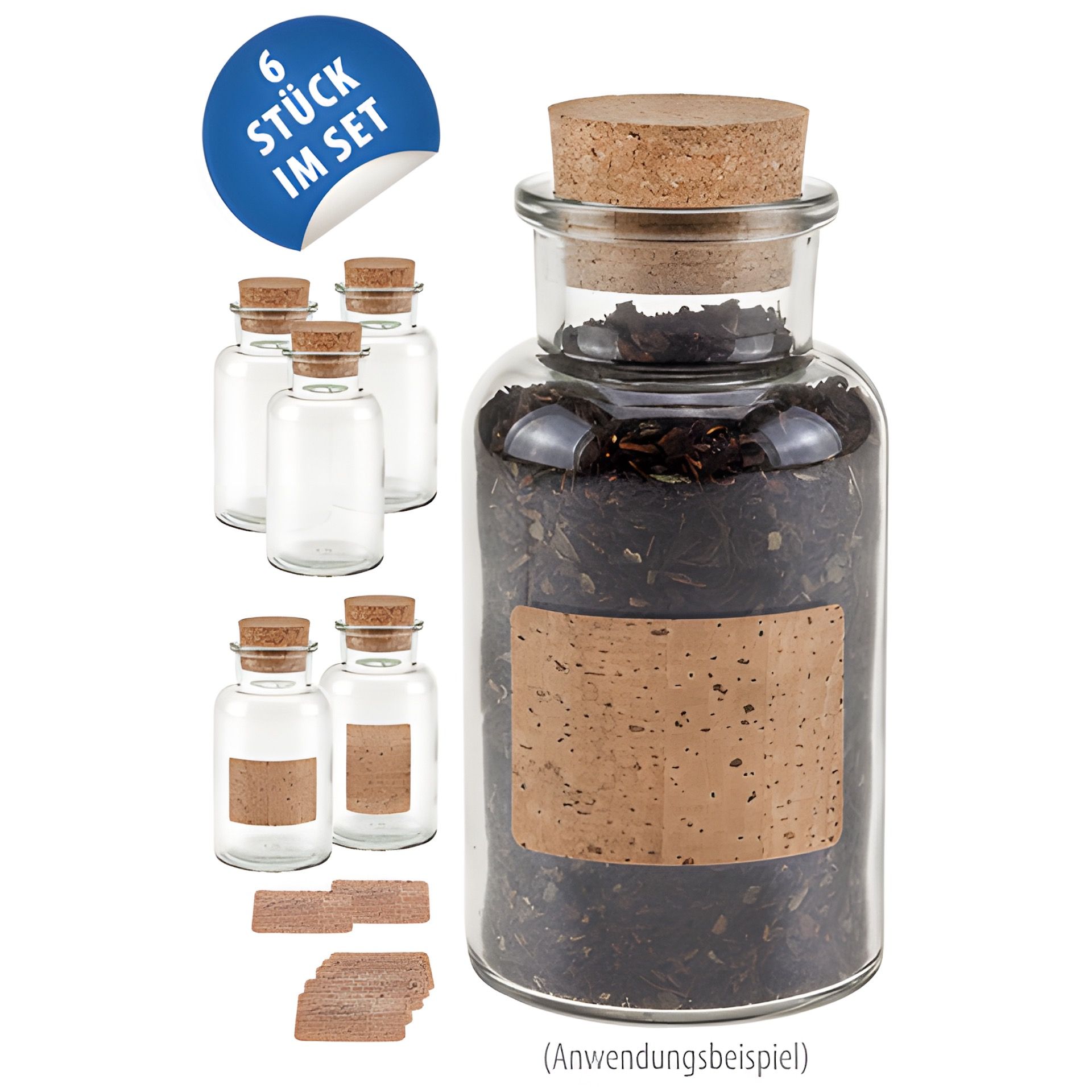Korkenglas 300 ml mit Kork Etiketten, 6er Set