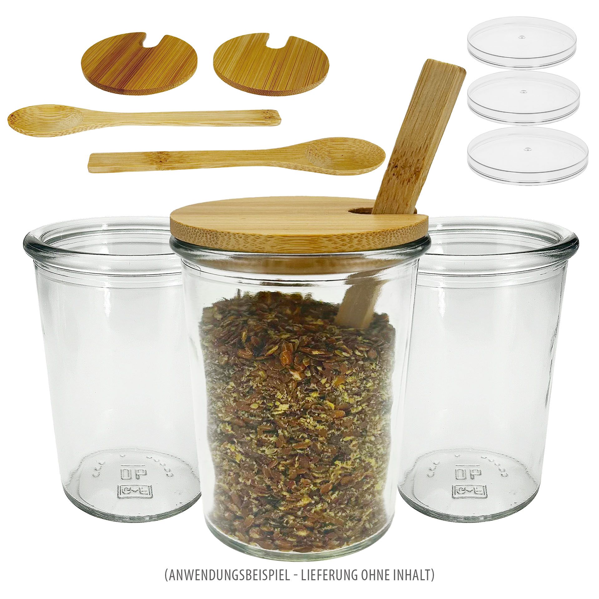 Becherglas mit Bambusdeckel und Löffel, 3er Set