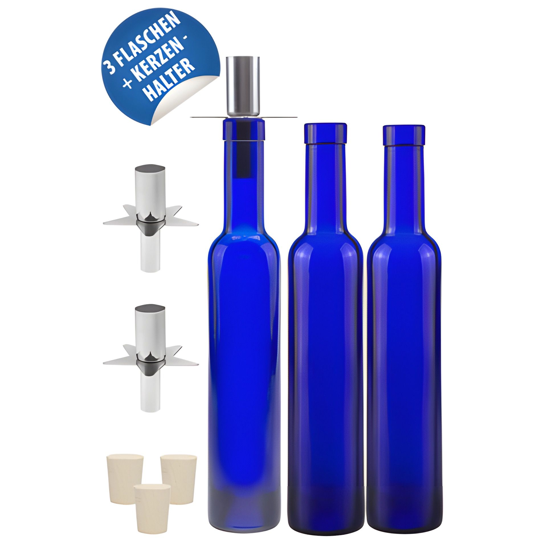 Blaue Flasche 200 ml 'Kerzenhalter', 3er Set