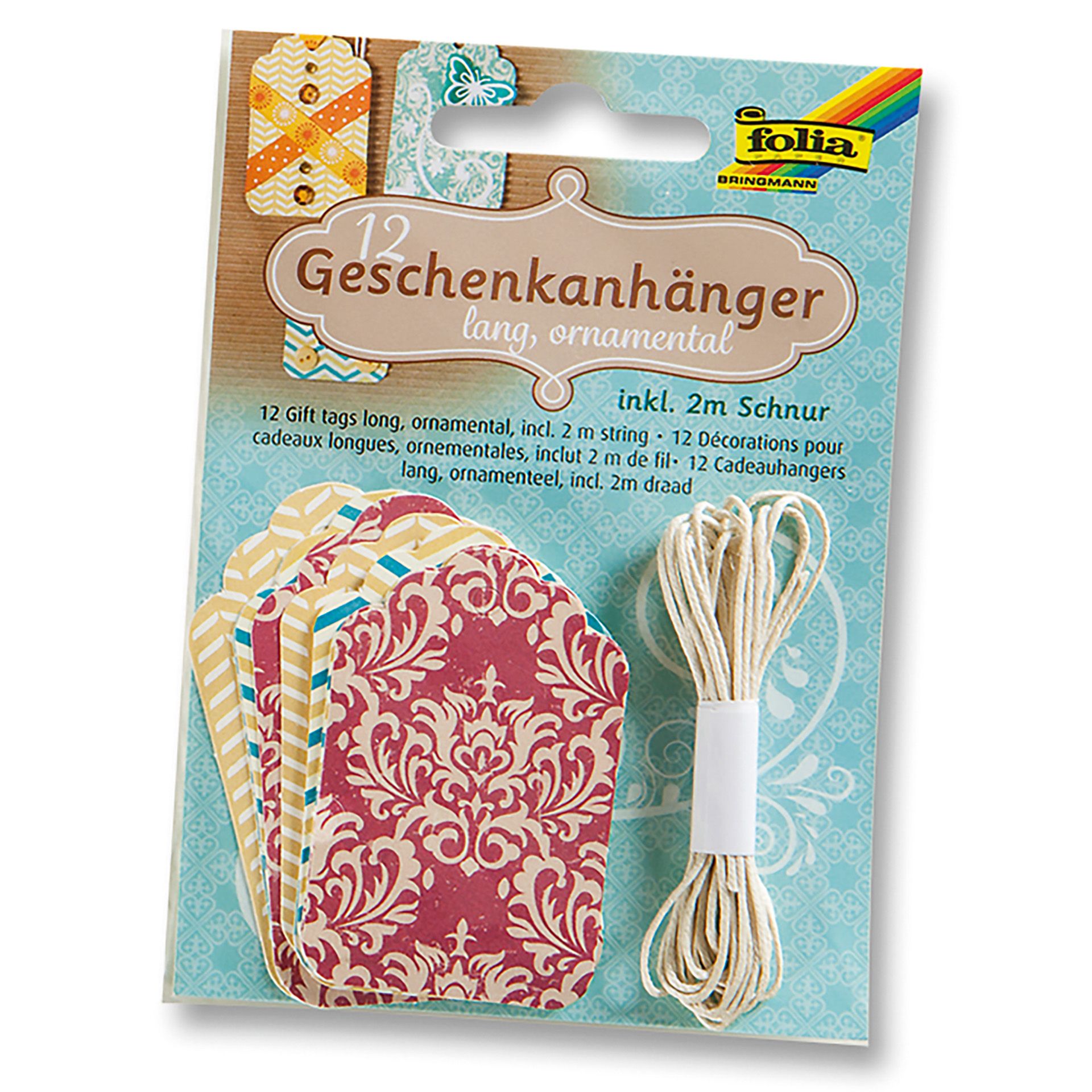 Folia Anhängeetikett lang, ornamental, 12 Stück