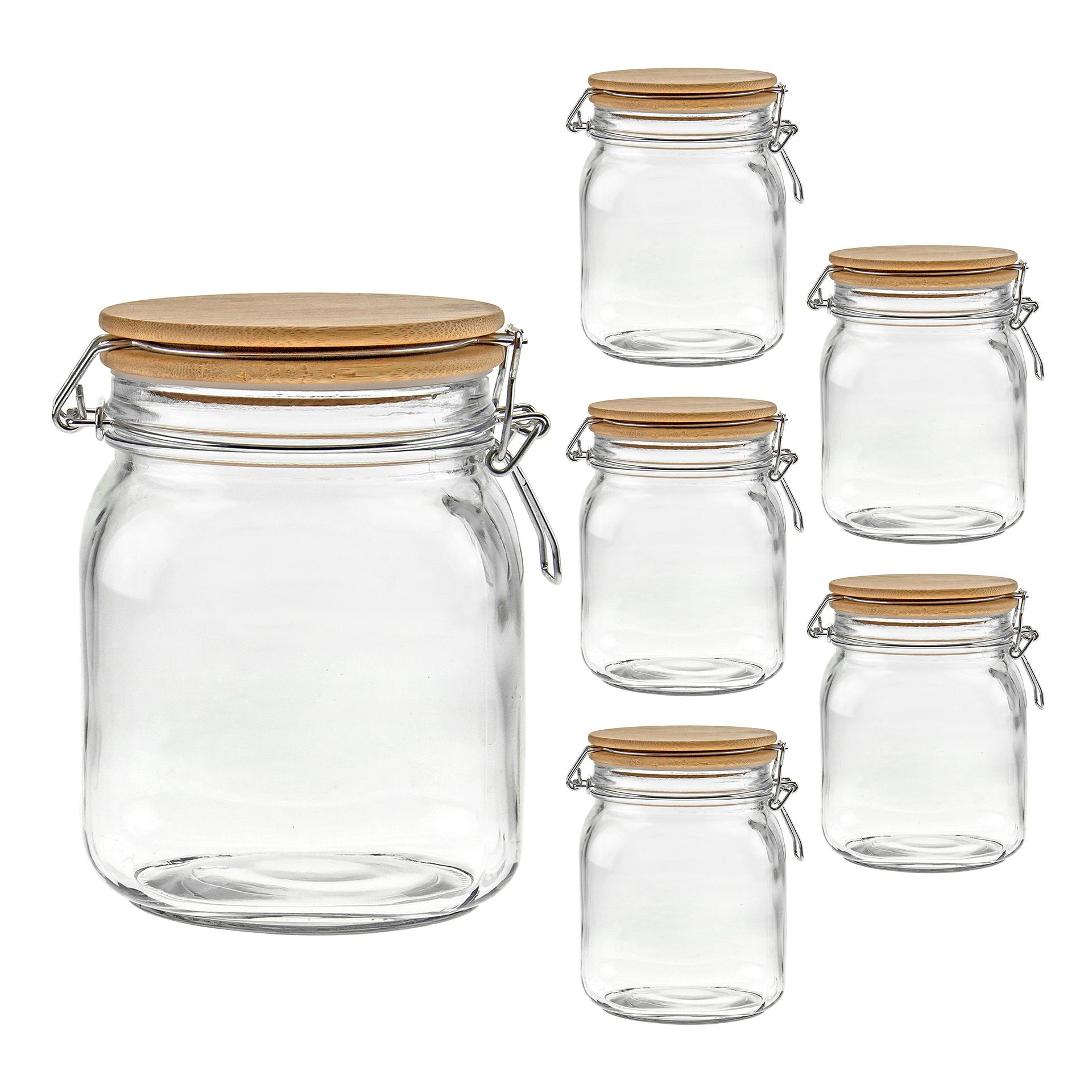Bügelglas 1000 ml eckig mit Bambusdeckel, 6 Stück