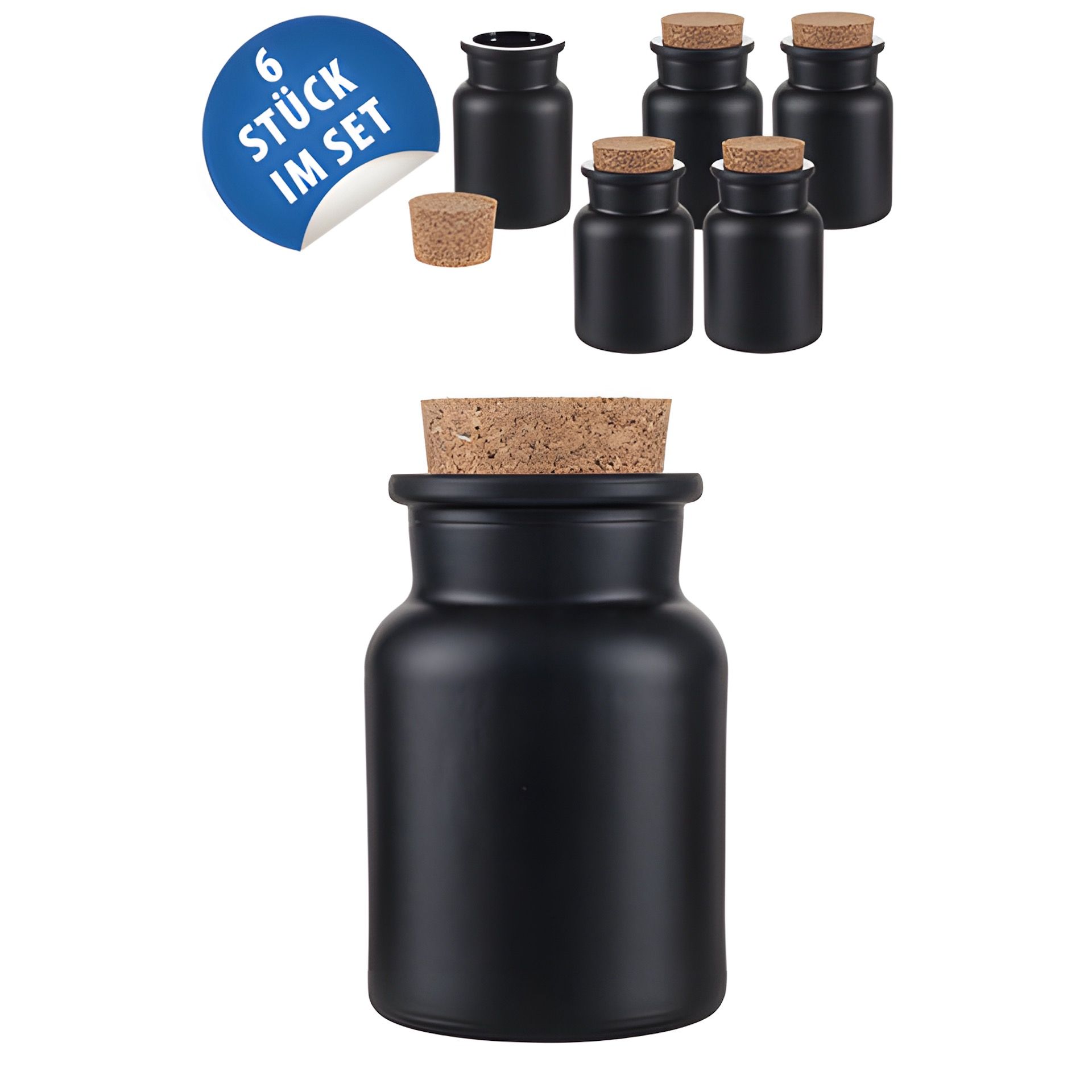 Korkenglas 150 ml schwarz matt beschichtet, 6er Set
