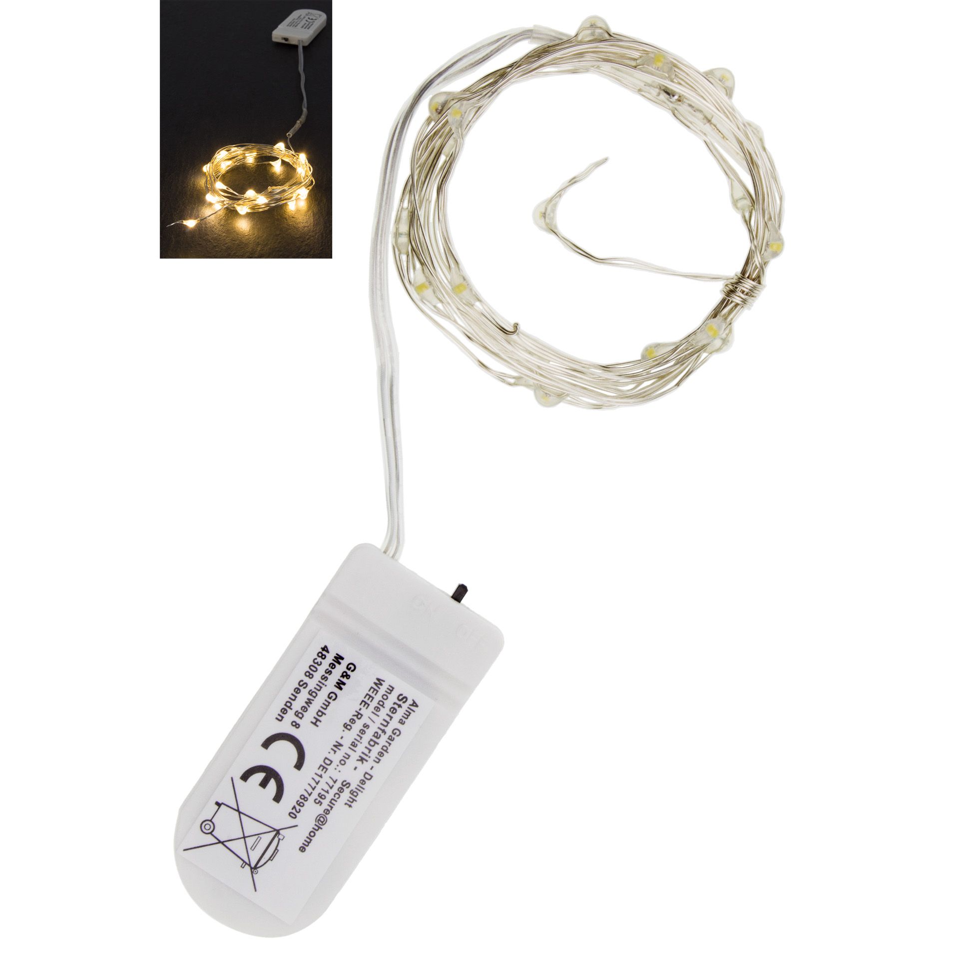 Lichterkette mit 20 LEDs weiß, Minibatteriefach