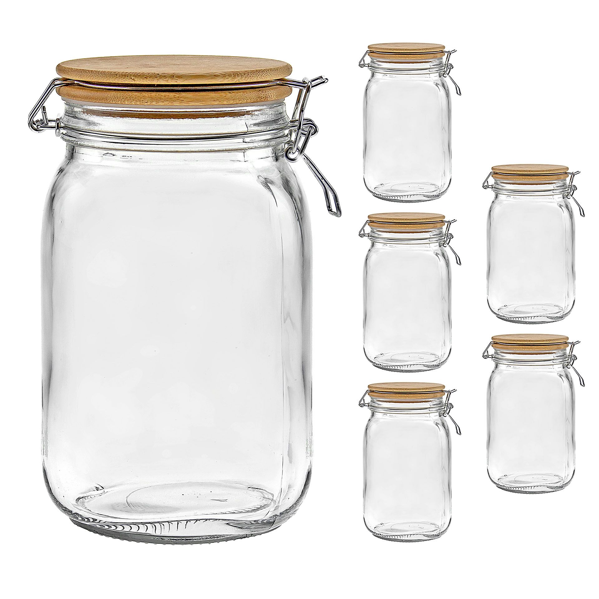 Bügelglas 1500 ml eckig mit Bambusdeckel, 6 Stück