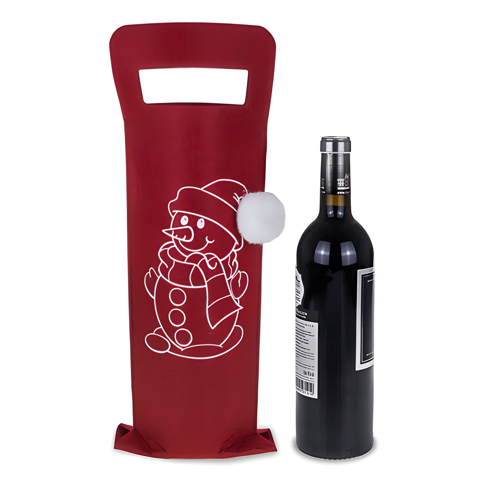 Flaschentasche 'Schneemann mit Bommel' Filz, 15 x 41 cm, rot