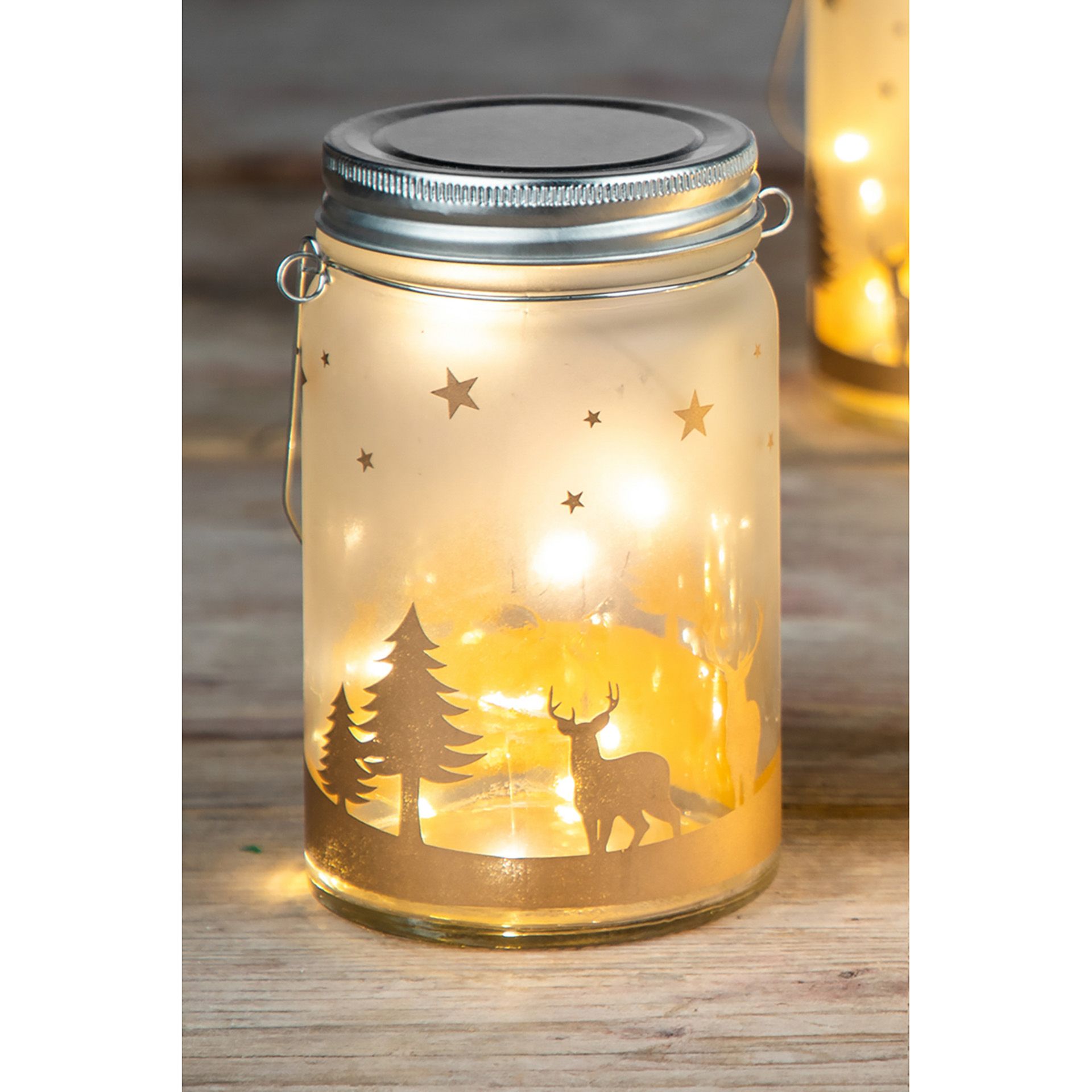 Deko-Glas 'Rentiere' mit Drahthenkel 14,5 cm, 10 LEDs